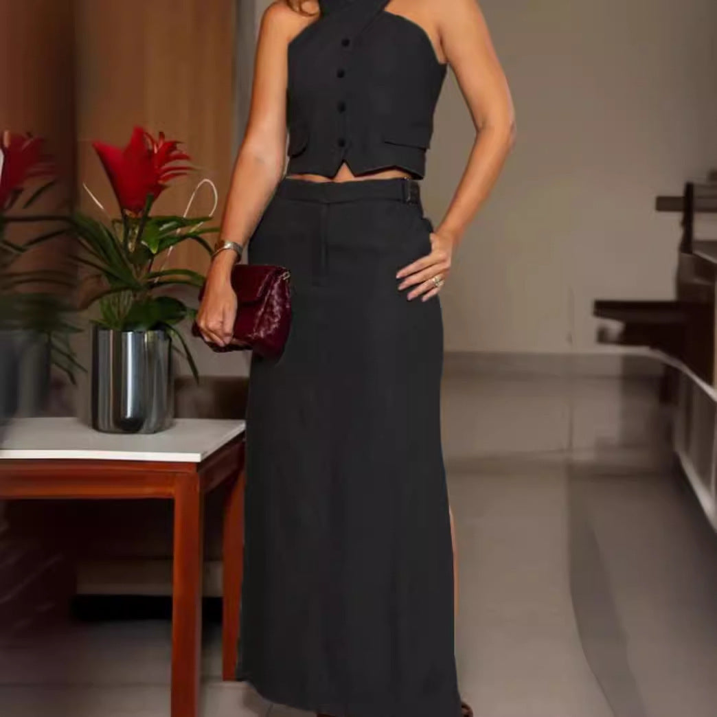 Halter Vest Top High Waist Bottom Slit Set