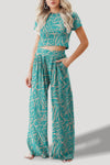 Printed Round Neck Short Sleeve Top and Pants Set
