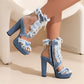 Denim Fishmouth Chunky Heel Zip Sandal Boots