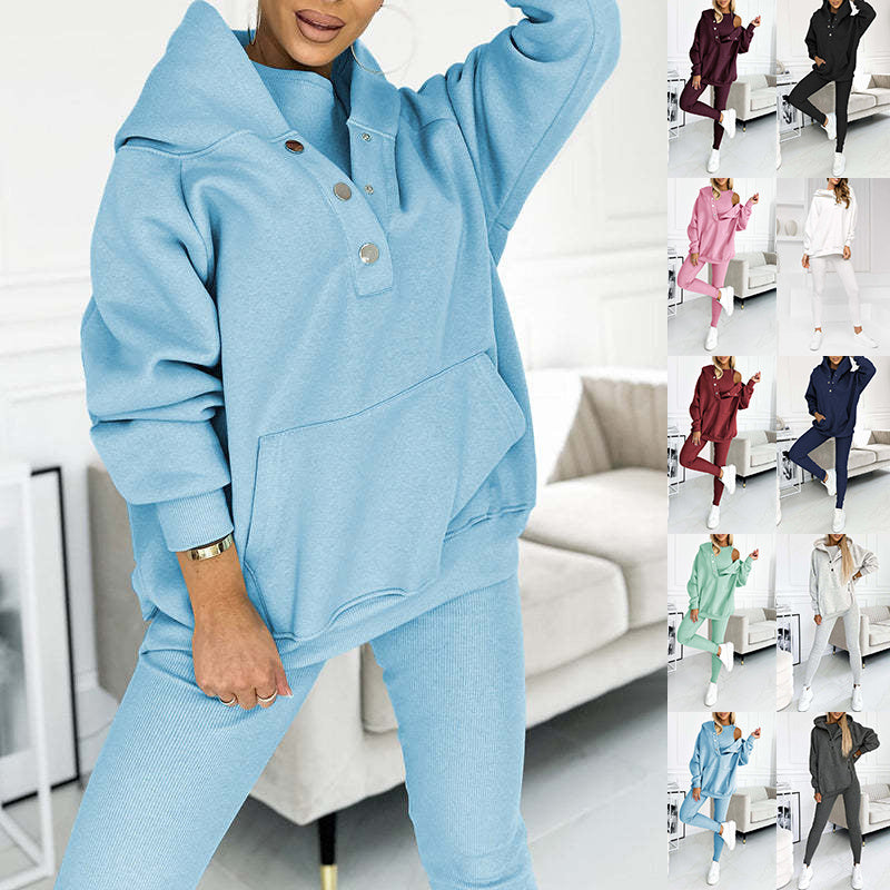 3pcs Sports Suit Loose Hooded Pockets Sweatshirt And Vest And Slim Trousers