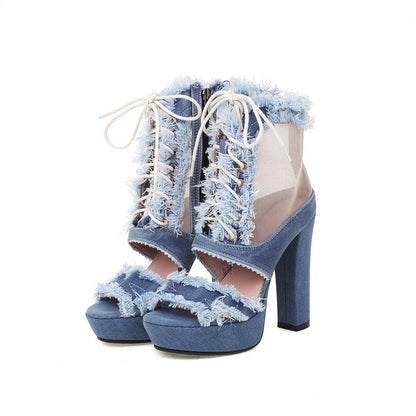 Denim Fishmouth Chunky Heel Zip Sandal Boots