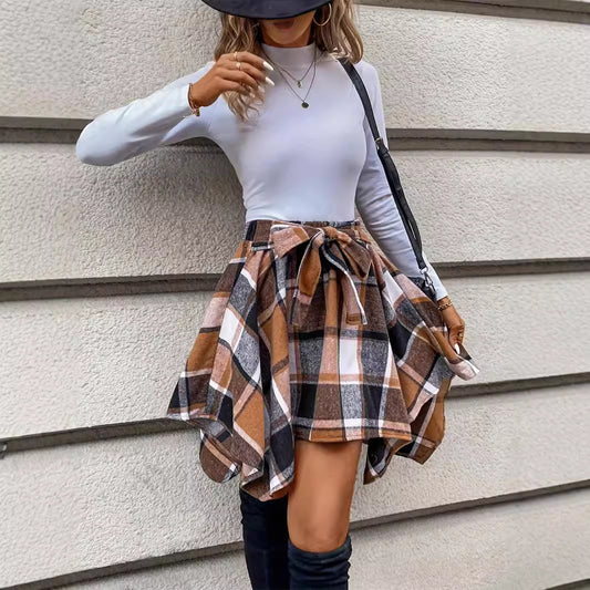Patchwork Plaid Belt Casual Short Skirt