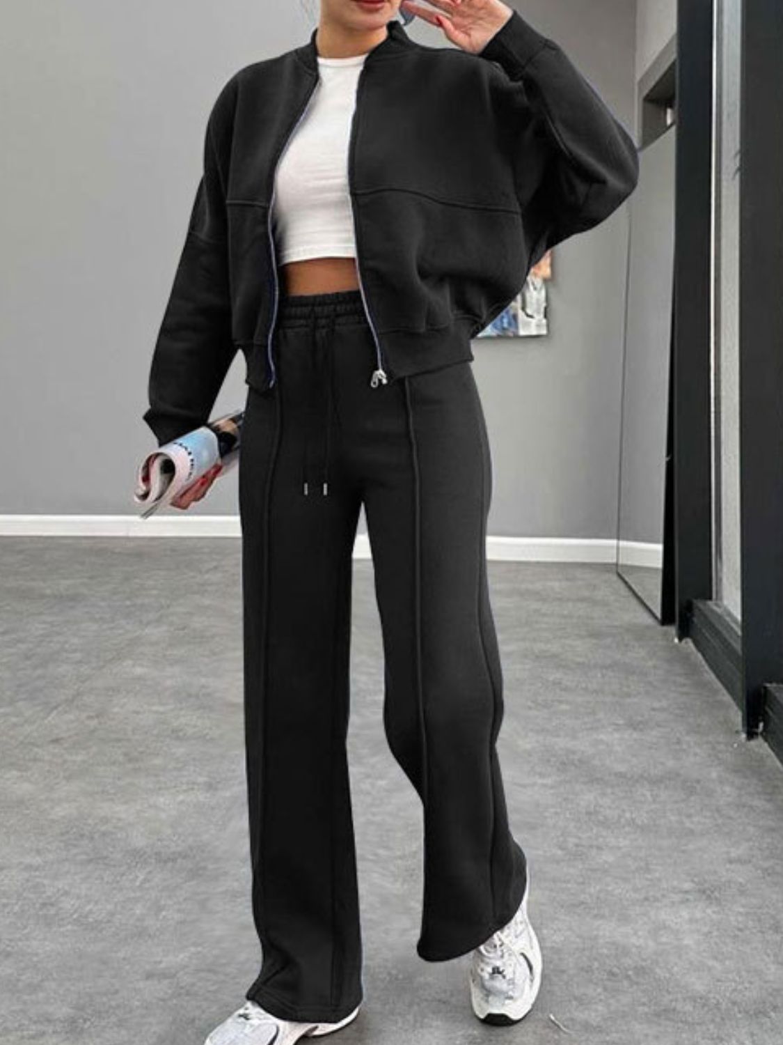 Collar Zip Up Outerwear Set