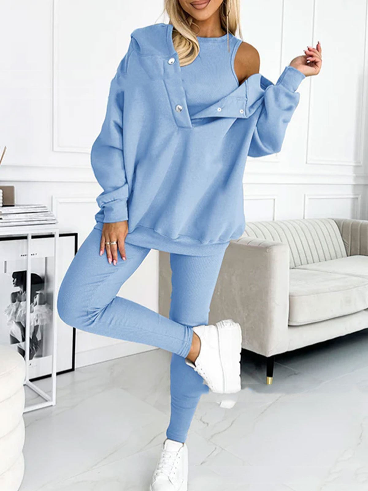 3pcs Sports Suit Loose Hooded Pockets Sweatshirt And Vest And Slim Trousers