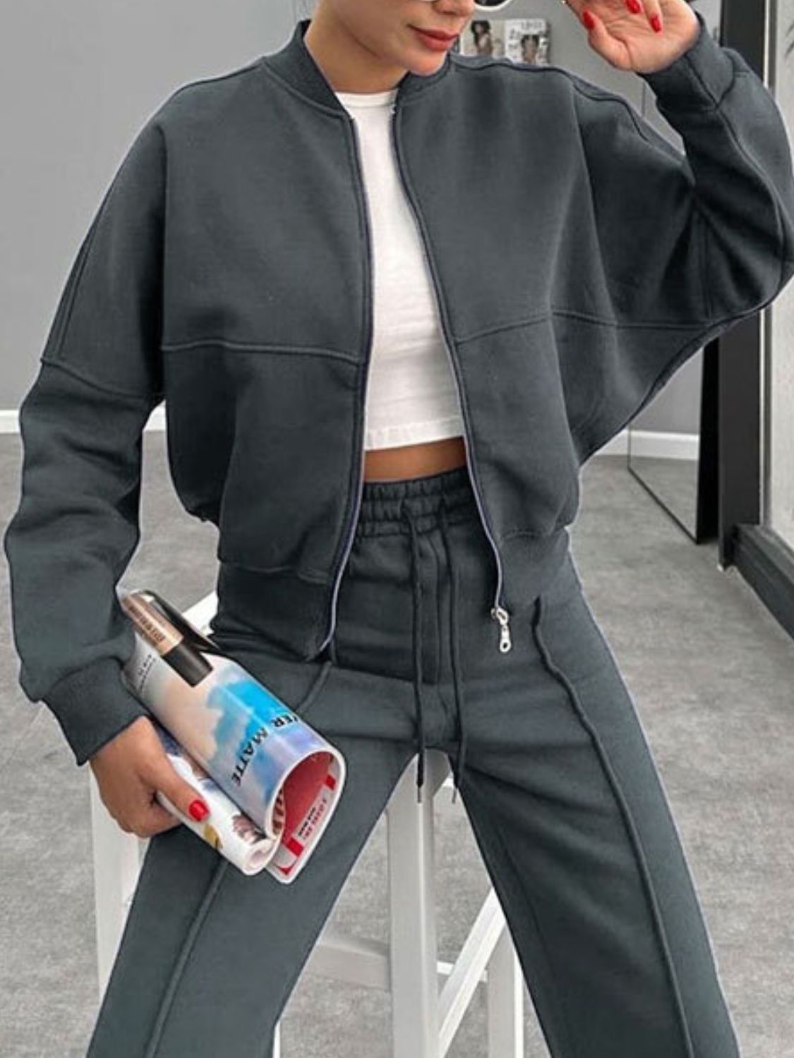 Collar Zip Up Outerwear Set