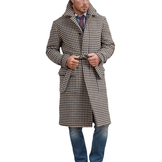 Classic Mid-length Woolen Coat Houndstooth Quilted