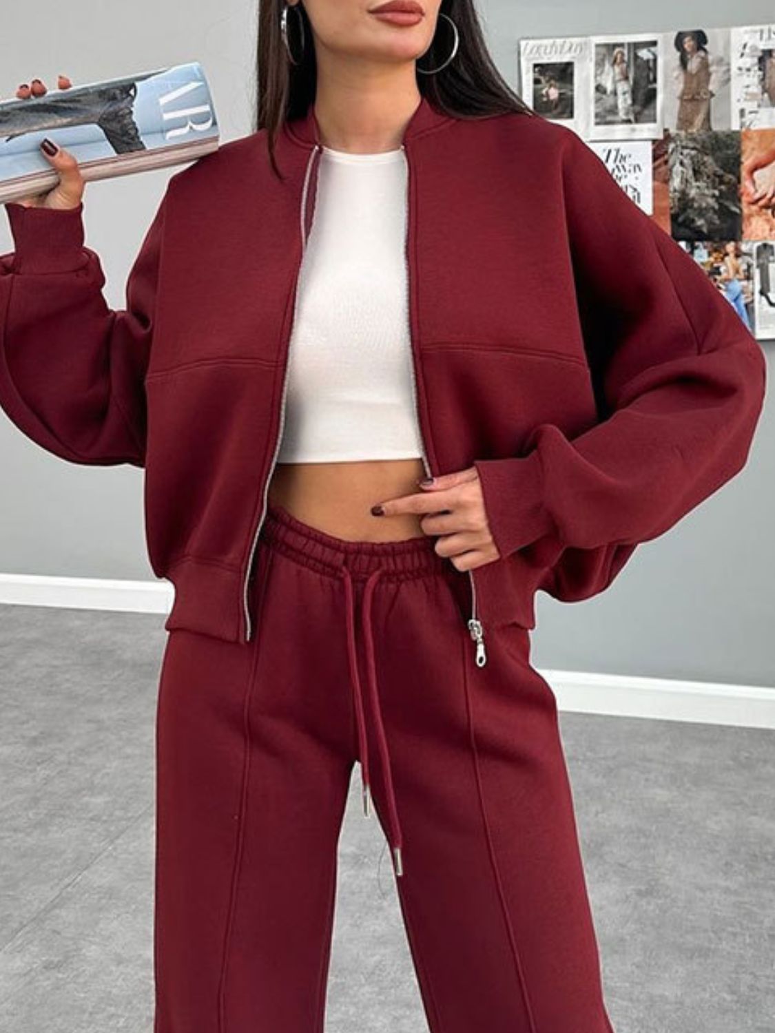 Collar Zip Up Outerwear Set