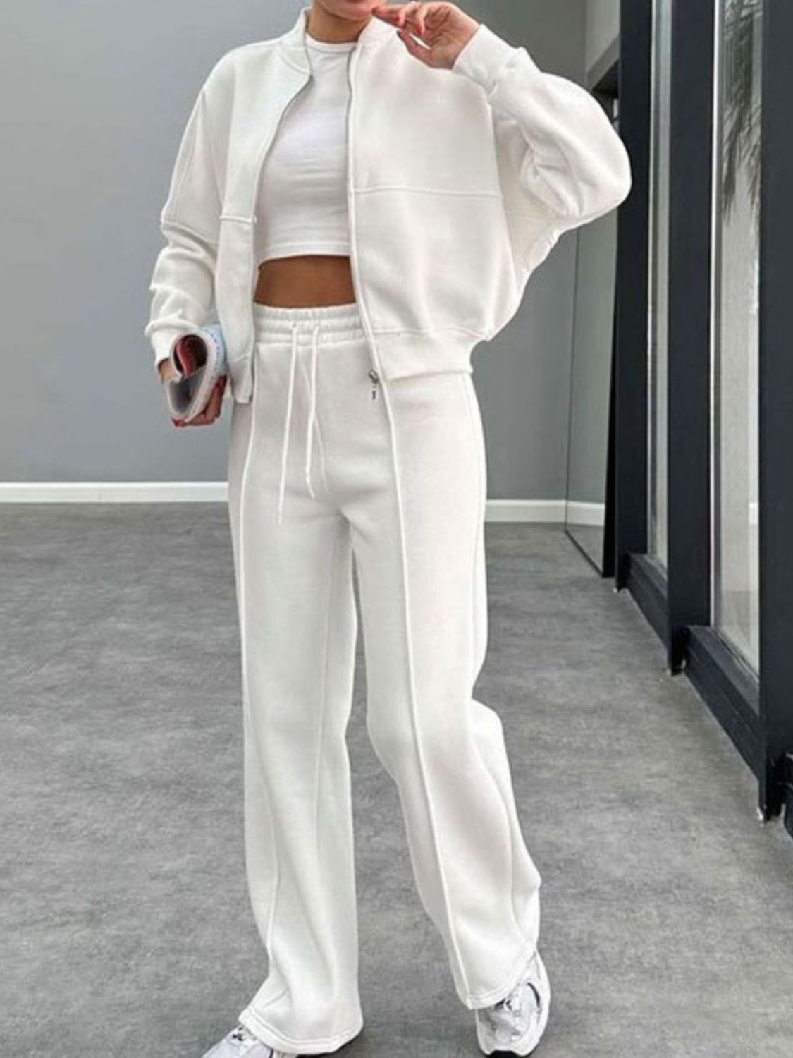Collar Zip Up Outerwear Set