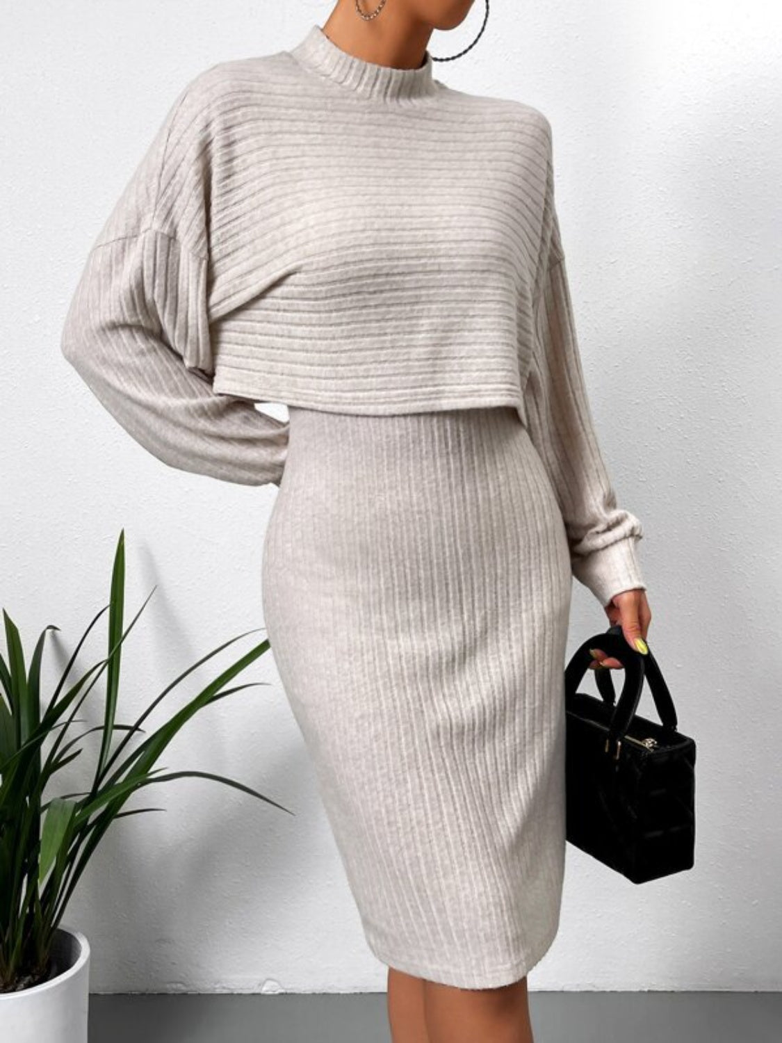 Mock Neck Top and Wide Strap Dress Set