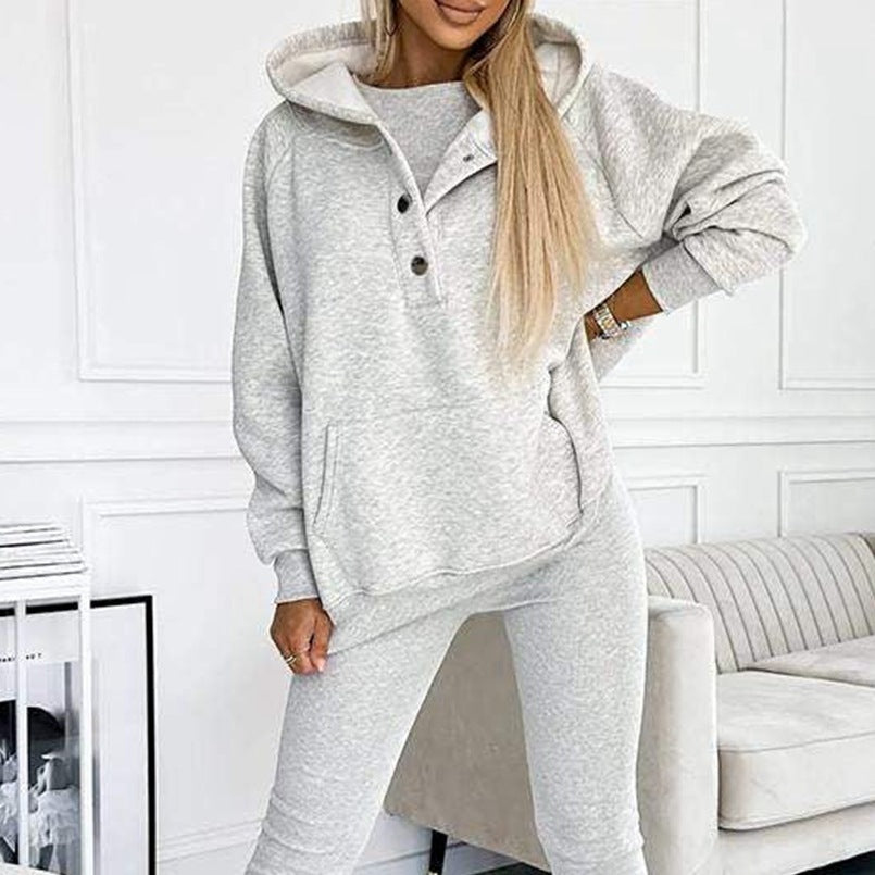 3pcs Sports Suit Loose Hooded Pockets Sweatshirt And Vest And Slim Trousers