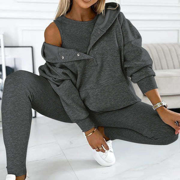 3pcs Sports Suit Loose Hooded Pockets Sweatshirt And Vest And Slim Trousers