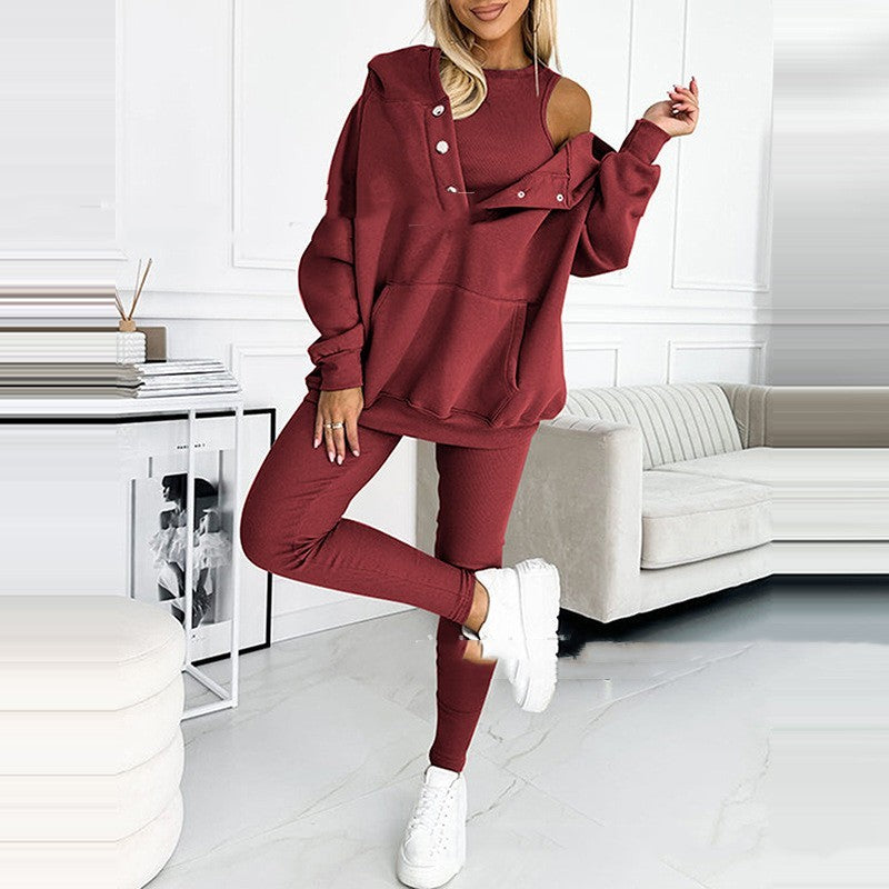 3pcs Sports Suit Loose Hooded Pockets Sweatshirt And Vest And Slim Trousers