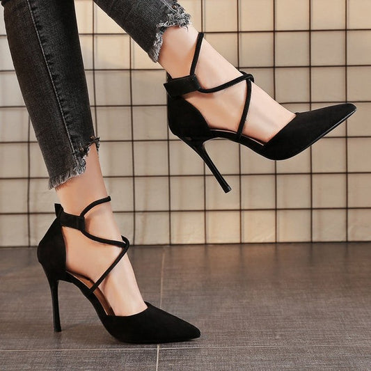 Elegant Suede Cross-Strap High Heels - Pink & Black