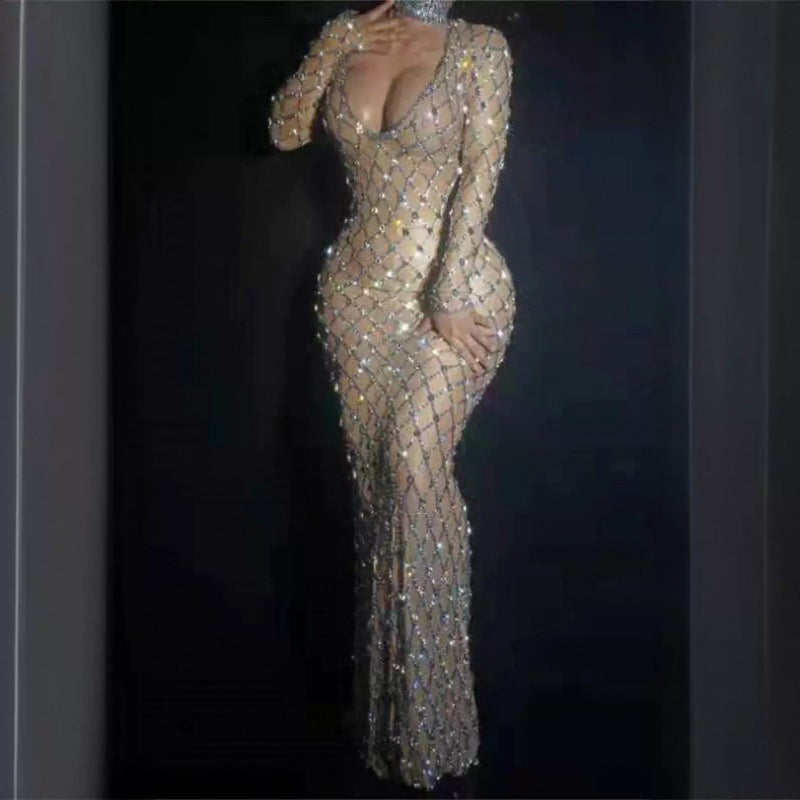 SELENA -  Crystals Hollow Out See-through Cinched Bodycon Long Dress