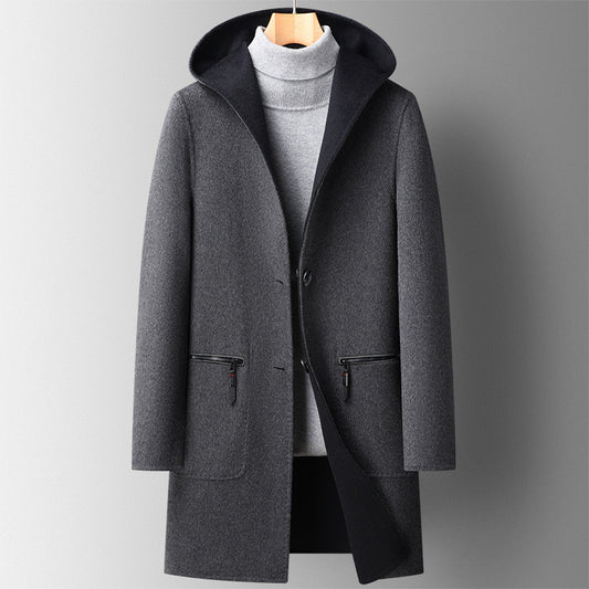 Fall Winter Hooded Double-sided Wear Wool Overcoat Mid-length