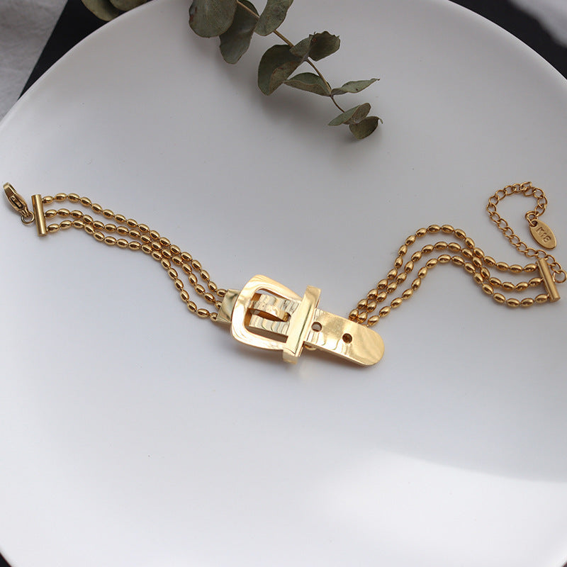 BRACELET - Stainless Steel Belt Shape Strap Charm Gold Bangle