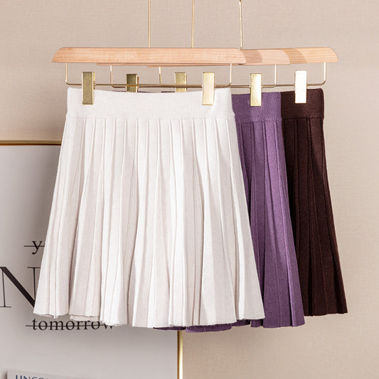 Knitted High Waist Slimming All-matching A- Line Pleated Half-length Wool Pettiskirt