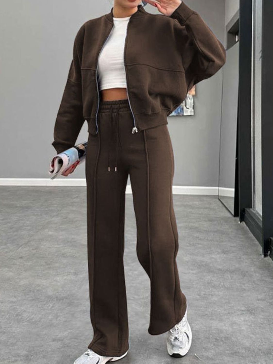 Collar Zip Up Outerwear Set