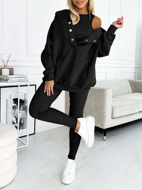 3pcs Sports Suit Loose Hooded Pockets Sweatshirt And Vest And Slim Trousers