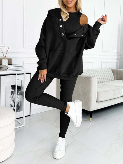 3pcs Sports Suit Loose Hooded Pockets Sweatshirt And Vest And Slim Trousers