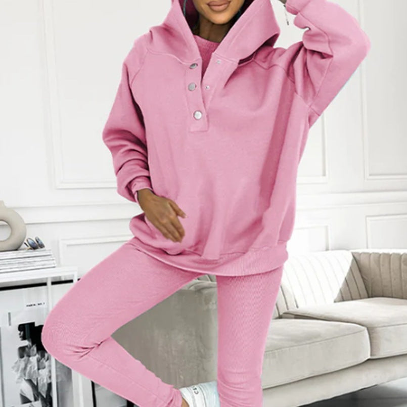 3pcs Sports Suit Loose Hooded Pockets Sweatshirt And Vest And Slim Trousers