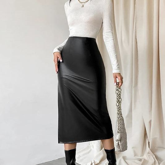 French Sheath PU Leather Autumn And Winter Black Slit Straight Skirt