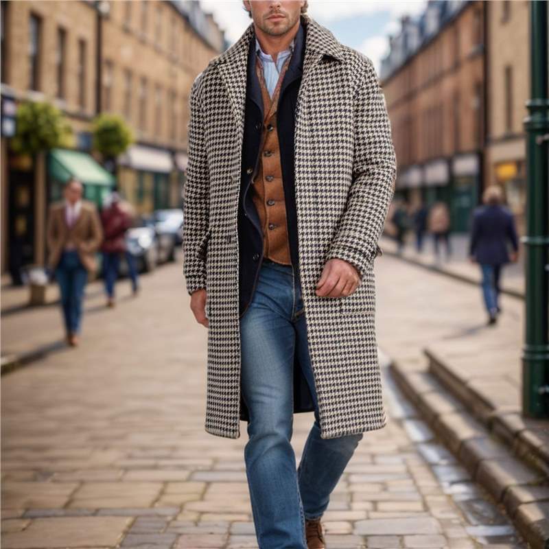 Classic Mid-length Woolen Coat Houndstooth Quilted